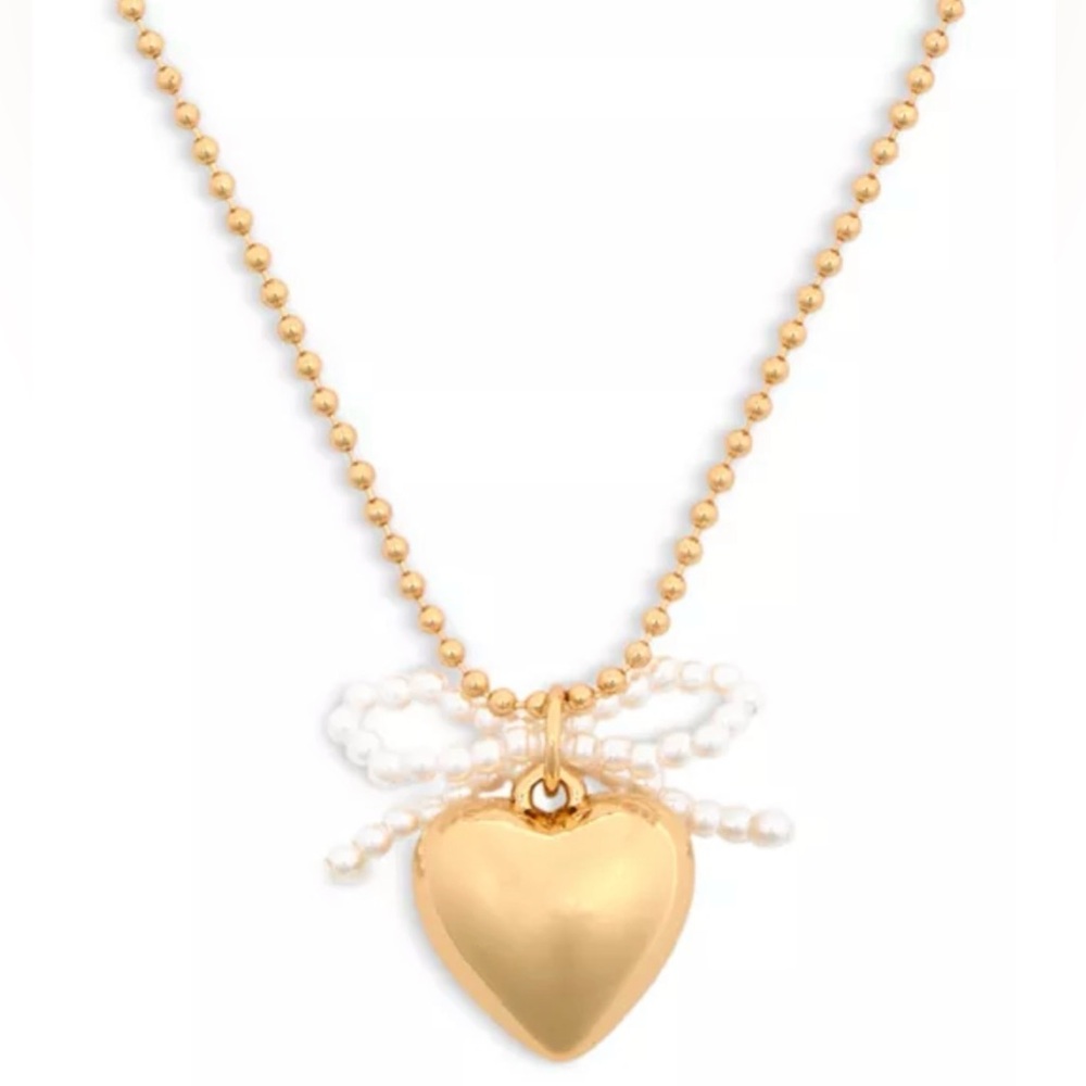 Aqua Heart & Imitation Pearl Bow Pendant Necklace - NWT